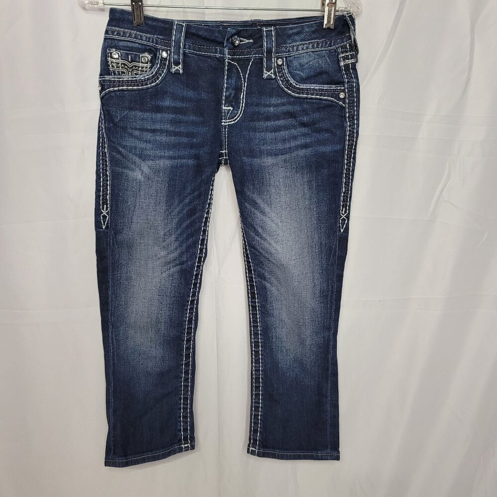 Rock Revival Capri Women's Mid-Rise Blue Denim Distressed Look Jeans Size 25